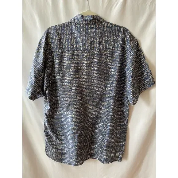 Robert Stock Vintage Geometric Blue 100% Silk Short Sleeve Button Down Shirt M - Picture 2 of 3